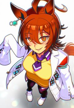 1girl agnes_tachyon_(tach-nology)_(umamusume) agnes_tachyon_(umamusume) ahoge animal_ears blush breasts brown_hair chemical_structure coat cork earrings from_above hair_between_eyes highres horse_ears horse_girl horse_tail huge_ahoge jewelry jorgeywater lab_coat large_breasts long_sleeves looking_at_viewer looking_up medium_hair necktie open_mouth pantyhose purple_necktie red_eyes shirt short_necktie simple_background single_earring sleeves_past_fingers sleeves_past_wrists smile solo sweater sweater_vest tail test_tube umamusume white_coat wolf_cut yellow_sweater yellow_sweater_vest