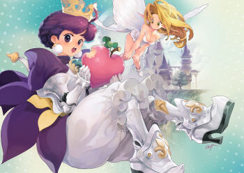 2girls arlia armor armored_dress atlus blonde_hair bloomers boots breasts chkuyomi cleavage crown dress earrings eating fairy gauntlets gold_crown gradriel gradriel_de_valendia jewelry knee_boots mini_person minigirl multiple_girls pointy_ears princess_crown purple_eyes purple_hair underwear white_bloomers wings yellow_eyes