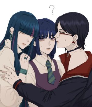 3girls ? ada_(naruto) black_choker black_hair black_jacket blue_hair blunt_bangs boruto:_two_blue_vortex bracelet choker diagonal-striped_clothes diagonal-striped_necktie dress earrings glasses ifevilwhyuhot jacket jewelry kakei_sumire long_hair mole mole_under_each_eye mole_under_eye multicolored_hair multiple_girls multiple_moles naruto_(series) necktie off_shoulder pink_hair purple_dress purple_eyes rimless_eyewear ring short_hair short_necktie sleeves_past_wrists streaked_hair striped_clothes sweatdrop two-sided_fabric two-sided_jacket two-tone_hair uchiha_sarada