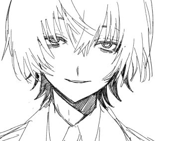 Rule 34 | 1boy, bags under eyes, close-up, commentary request, exhausted, hair between eyes, hatching (texture), highres, hitomi hirosuke (sayonara wo oshiete), light smile, lineart, looking at viewer, male focus, numata zombie, parted lips, sanpaku, sayonara wo oshiete, short hair, simple background, solo, straight-on, straight hair, white background