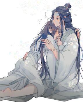 2boys alternate_costume alternate_hairstyle amana_raika barefoot black_hair blurry blush bokeh brown_hair chinese_clothes closed_eyes closed_mouth commentary_request couple depth_of_field hair_down hand_in_another&#039;s_hair hand_on_another&#039;s_hip hand_on_another&#039;s_shoulder hanfu headband heart highres hug kissing_chest kneeling lan_wangji long_hair long_sleeves looking_at_another male_focus modao_zushi multiple_boys open_mouth profile robe scar scar_on_chest sidelocks simple_background sitting topknot twitter_username very_long_hair watermark wei_wuxian white_background white_hanfu white_headband wide_sleeves xiao_guan_(headdress) yaoi yellow_eyes