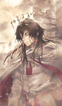 Rule 34 | 1boy, absurdres, armor, black hair, blood, blood on face, bon 0118, cloak, closed eyes, constantine xi (fate), constantine xi (third ascension) (fate), day, earrings, fate/grand order, fate (series), gloves, grey sky, hair between eyes, halo, hand on hilt, highres, jewelry, long hair, male focus, outdoors, sky, solo, white armor, white cloak