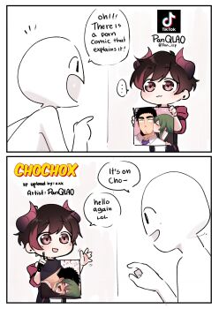 1girl 1other 2koma :3 artist_name artist_self-insert brown_hair comic commentary demon_girl demon_horns english_commentary english_text highres holding horns igarashi_futaba implied_sex kiss kissing_cheek multicolored_hair original pan_(panqlao) panqlao pointing red_hair senpai_ga_uzai_kouhai_no_hanashi short_hair streaked_hair takeda_harumi tiktok two-tone_hair