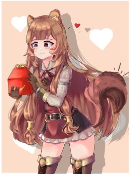 Rule 34 | 1girl, absurdres, animal ear fluff, animal ears, armor, armored boots, belt, black dress, blunt bangs, boots, border, box, breastplate, brown armor, brown background, brown belt, brown gloves, brown hair, closed mouth, commentary, cowboy shot, dress, drop shadow, elbow gloves, english commentary, food, gloves, hands up, happy meal, heart, highres, holding, holding box, holding food, layered dress, leather, leather armor, leather boots, leather gloves, light smile, long hair, long sleeves, looking at object, mcdonald's, metal arm cuffs, metal hair tubes, metal wrist cuffs, motion lines, neck ribbon, noodlenyan, pinstripe dress, pinstripe pattern, raccoon ears, raccoon girl, raccoon tail, raphtalia, red dress, red eyes, red ribbon, ribbon, short dress, sleeveless, sleeveless dress, solo, standing, straight hair, tail, tate no yuusha no nariagari, thigh boots, thighhighs, two-tone dress, white border, white dress, zettai ryouiki