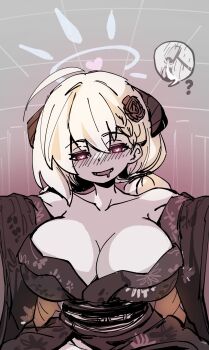 1girl ahoge akari_(blue_archive) akari_(new_year)_(blue_archive) bare_shoulders black_horns black_kimono black_sash blonde_hair blue_archive blue_halo blush breasts drooling floral_print floral_print_kimono flower girl_on_top hair_flower hair_ornament halo heart heart-shaped_pupils heart_hair_ornament horns japanese_clothes kimono large_breasts mabufuyo mouth_drool no_bra no_panties official_alternate_costume print_kimono sash sexually_suggestive spoken_object symbol-shaped_pupils twintails