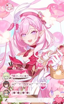 Rule 34 | 1girl, :d, absurdres, birthday cake, braid, braided bangs, breasts, cake, diamond-shaped pupils, diamond (shape), dress, earrings, eden (flowing rhyme) (honkai impact), eden (honkai impact), elf, elysia (hi love elf) (honkai impact), elysia (honkai impact), food, gloves, hair intakes, hair ornament, hat, heart, heart earrings, heart hair ornament, highres, holding, holding spoon, honkai (series), honkai impact 3rd, jewelry, large breasts, livestream, long hair, looking at viewer, mobius (daughter of corals) (honkai impact), mobius (honkai impact), official alternate costume, official art, official art inset, open mouth, pardofelis, pardofelis (midsummer collector), pink hair, pointy ears, purple eyes, single bare shoulder, smile, solo, spoon, symbol-shaped pupils, toya kaisei, very long hair, white dress, white gloves, white hat