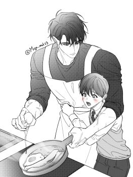 2boys :o apron black_eyes black_hair black_shirt child clothes_grab cooking cracking_egg expressionless fried_egg frying_pan highres holding holding_frying_pan kim_dokja kitchen looking_at_another maga_mok23 male_focus multiple_boys multiple_scars necktie oldest_dream omniscient_reader&#039;s_viewpoint partially_colored scar scar_across_eye scar_on_arm scar_on_face secretive_plotter shirt short_hair sleeves_rolled_up surprised vest wide-eyed yoo_joonghyuk