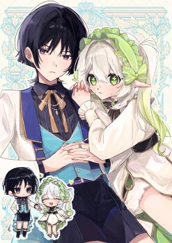 1boy 1girl alternate_costume belt belt_buckle black_corset black_hair black_shirt black_shorts black_socks bloomers blue_jacket blue_vest blunt_ends blush bow bright_pupils buckle chibi chibi_inset closed_mouth coattails collared_shirt colored_tips contemporary corset cross-laced_clothes cross-laced_corset cross-shaped_pupils crossed_bangs dress dress_shirt eyelashes facing_another fingernails formal_clothes frilled_hairband frilled_sleeves frills genshin_impact gold_ring gold_trim green_bow green_dress green_eyes green_hair green_hairband hair_between_eyes hair_bow hair_intakes hairband hands_on_another's_shoulder heart height_difference hetero highres holding_hands interlocked_fingers jacket leaning_on_person long_hair long_sleeves looking_at_another looking_at_viewer middle_ring multicolored_hair nahida_(genshin_impact) onigiri_po_0205 open_clothes open_jacket outline own_hands_together pixelated plant pointy_ears purple_belt purple_eyes scaramouche_(genshin_impact) shirt shorts side_ponytail sidelocks socks standing symbol-shaped_pupils tareme tsurime two-sided_dress two-sided_fabric two-sided_jacket underwear vest wanderer_(genshin_impact) white_bloomers white_dress white_hair white_jacket white_outline white_pupils white_sleeves wispy_bangs