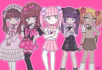 5girls bead_bracelet bead_necklace beads black_bow black_eyes black_ribbon black_shirt black_skirt black_thighhighs blonde_hair blunt_bangs bow bowtie bracelet brown_bow brown_bowtie brown_hair brown_skirt brown_vest closed_mouth collared_shirt crossed_arms dress earrings ezaki_bisuko floral_print floral_print_bow floral_print_skirt flower frilled_bow frilled_dress frills green_nails gyaru hair_bow hair_flower hair_ornament hairband hand_on_own_hip heart heart_earrings hexagram highres hoop_earrings jewelry jirai_kei jitome lolita_fashion lolita_hairband long_hair looking_at_another looking_at_viewer looking_to_the_side loose_socks menhera-chan_(ezaki_bisuko) menhera-chan_(ezaki_bisuko)_(character) multiple_girls necklace outer_glow pink_background pink_bow pink_dress pink_flower pink_hair pink_ribbon pink_shirt pink_skirt plaid_clothes plaid_skirt print_skirt purple_bow purple_hair red_flower red_scrunchie ribbon school_uniform scrunchie serafuku shirt short_sleeves sidelocks signature simple_background skirt socks star_of_david tan thighhighs twintails vest white_serafuku white_shirt white_socks white_thighhighs wrist_scrunchie