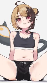 1girl ahoge black_shorts black_sports_bra blonde_hair bongk brown_hair closed_mouth commentary english_commentary gigi_murin hair_bun highres hololive hololive_english multicolored_hair navel pink_eyes short_hair short_shorts shorts side_up_bun simple_background single_side_bun single_sidelock sitting solo sports_bra spread_legs stomach tail two-tone_hair virtual_youtuber white_background