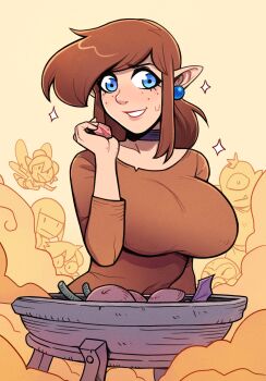 1girl 6+others :| alternate_costume arm_up black_choker blue_eyes breasts brellom brown_hair brown_shirt choker closed_mouth cloud collarbone commentary_request cooking_pot crowd earrings fairy fang freckles genderswap genderswap_(mtf) grin highres holding holding_rock jewelry large_breasts link long_sleeves medium_hair monochrome_background mullet multiple_others nintendo object_request octorok open_mouth pointy_ears rock shirt smile solo_focus sparkle sweatdrop the_legend_of_zelda upper_body yellow_background