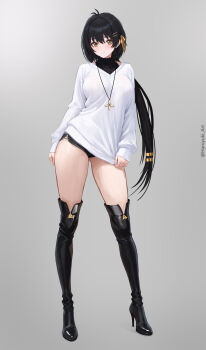 1girl alternate_costume black_boots black_hair black_shorts blush boots breasts commentary english_commentary female_rover_(wuthering_waves) full_body grey_background haruyuki_(karem) high_heel_boots high_heels highres jewelry long_hair long_sleeves looking_at_viewer necklace rover_(wuthering_waves) shirt short_shorts shorts simple_background smile solo standing thigh_boots thighs twitter_username very_long_hair white_shirt wuthering_waves yellow_eyes