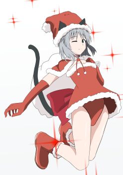 1girl 8sjqzhap4pupzkc absurdres animal_ears boots cat_ears cat_girl cat_tail christmas commentary_request dress elbow_gloves full_body gloves green_eyes hat highres holding holding_sack leotard looking_at_viewer one_eye_closed red_boots red_gloves red_leotard sack santa_costume santa_dress santa_hat sanya_v._litvyak short_hair simple_background solo strike_witches tail white_background white_hair world_witches_series