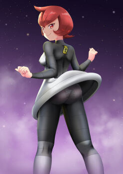 1girl animal_print ass back-print_panties black_dress black_pantyhose blush boots breasts cat_print character_print clothes_writing cloud covered_erect_nipples dress from_behind grey_boots hello_kitty hello_kitty_(character) long_sleeves looking_at_viewer looking_back mars_(pokemon) medium_breasts nintendo panties panties_under_pantyhose pantyhose pink_panties pokemon pokemon_dppt print_panties purple_sky red_eyes red_hair sanrio short_hair sky smile space standing star_(sky) starry_sky taros_illust team_galactic team_galactic_uniform underwear wind wind_lift