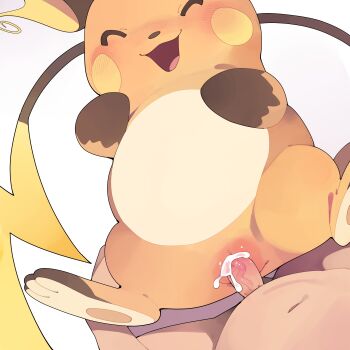 1boy 1girl ^_^ absurdres bestiality blush closed_eyes cum cum_in_pussy cum_overflow gen_1_pokemon hetero highres nintendo open_mouth penis pokemon pokemon_(creature) pokephilia pussy raichu sex simple_background solo_focus uncensored vaginal white_background youjo_modoki