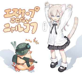 1girl :d ak-47 animal animal_ear_fluff animal_ears arms_up assault_rifle backpack bag bird black_shoes black_skirt blue_eyes blush brown_hair capriccio cat_ears cat_girl cat_tail collared_shirt commentary_request dress_shirt duck escape_from_duckov fangs green_helmet gun hair_between_eyes hair_ornament hairclip helmet holding holding_gun holding_weapon kalashnikov_rifle long_sleeves multicolored_hair open_mouth original pink_hair pleated_skirt puffy_long_sleeves puffy_sleeves rifle shadow shirt shoes simple_background skirt sleeves_past_wrists smile socks spring_onion standing streaked_hair tail translation_request walking weapon white_background white_shirt white_socks