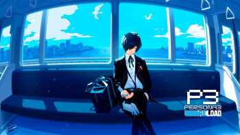 1boy absurdres bag bird black_jacket black_pants black_ribbon blue_hair blue_sky blue_theme can city cityscape closed_eyes closed_mouth cloud collared_shirt copyright_name crossed_legs dress_shirt duffel_bag gekkoukan_high_school_uniform hair_over_one_eye hand_grip hand_in_pocket headphones highres holding jacket listening_to_music logo long_sleeves male_focus mp3_player neck_ribbon official_art pants persona persona_3 persona_3_reload ribbon school_uniform second-party_source shimada_azusa shirt short_hair sitting sky skyline solo train_interior white_shirt yuuki_makoto_(persona_3)