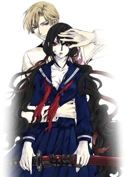 10s 1boy 1girl blood-c blood-c_the_last_dark clamp hetero hug hug_from_behind kisaragi_saya nanahara_fumito official_art red_eyes school_uniform sword torn_clothes weapon