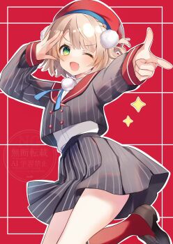 1girl :d ;d bad_id bad_twitter_id beret black_shoes blue_ribbon blunt_bangs buttons child cowboy_shot cropped_jacket double-breasted flat_chest green_eyes grey_jacket grey_shirt grey_skirt hair_ornament hands_up hat highres indie_virtual_youtuber jacket kneehighs leg_up loafers long_sleeves looking_at_viewer miniskirt neck_ribbon one_eye_closed open_mouth parted_bangs pinstripe_jacket pinstripe_pattern pinstripe_skirt pleated_skirt pointing pointing_at_viewer pom_pom_(clothes) pom_pom_hair_ornament red_background red_hat red_sailor_collar red_socks ribbon riza_(tomoriza_25252) sailor_collar salute school_uniform shigure_ui_(1st_costume)_(vtuber) shigure_ui_(vtuber) shirt shoes skirt skirt_set smile socks solo sparkle v-shaped_eyebrows virtual_youtuber white_shirt