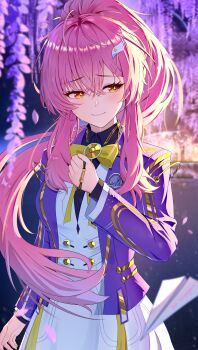 Rule 34 | 1girl, absurdres, aemeath (student) (wuthering waves), aemeath (wuthering waves), bow, bowtie, breasts, chinese commentary, closed mouth, commentary, commentary request, cowboy shot, dress, english commentary, game screenshot background, hair ornament, hand up, highres, holding, jacket, long hair, looking to the side, medium breasts, mixed-language commentary, orange eyes, paper airplane, petals, pink hair, pink petals, ponytail, purple jacket, ritou yukihyou, screenshot background, sideways glance, smile, solo, star-shaped pupils, star (symbol), symbol-shaped pupils, tearing up, white dress, wuthering waves, yellow bow, yellow bowtie