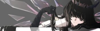 1girl arknights black_eyes black_gloves black_hair bright_pupils chiriejjiyo closed_mouth elbow_gloves gloves grey_background halo holding holding_own_hair jacket long_bangs looking_at_viewer portrait shadow sidelocks simple_background smile solo virtuosa_(arknights) white_jacket white_pupils wings