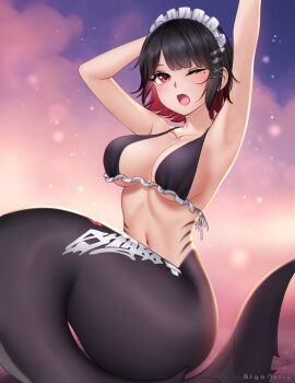 1girl arms_up artist_name bikini bikini_top_only black_bikini black_hair black_tail breasts colored_inner_hair commentary ellen_joe english_commentary gigamessy hair_ornament hairclip highres large_breasts light_blush maid_headdress merfolk mermaid mole mole_under_eye monster_girl multicolored_hair multiple_hairclips one_eye_closed open_mouth parted_bangs red_eyes red_hair short_hair sideboob solo swimsuit two-tone_hair underboob upturned_eyes zenless_zone_zero