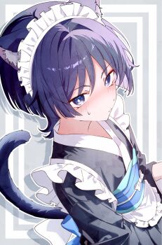 1boy alternate_costume animal_ear_fluff animal_ears apron aqua_sash black_kimono black_sleeves blue_sash blunt_ends blush bright_pupils cat_boy cat_ears cat_tail closed_mouth crossdressing crossdressing_(mtf) eyeliner eyeshadow from_above from_side genshin_impact grey_background hair_intakes highres japanese_clothes kimono kimono_skirt kuro774_n layered_sleeves maid maid_apron maid_headdress makeup male_focus obi obijime purple_eyes purple_hair red_eyeliner red_eyeshadow sash scaramouche_(genshin_impact) solo sweatdrop tail three-quarter_sleeves tsurime wa_maid waist_apron white_apron white_pupils white_sleeves