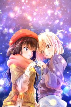 black_hair blonde_hair blush breasts commentary_request dappled_sunlight hat highres inoue_takina kakikakilemon long_hair lycoris_recoil night nishikigi_chisato purple_eyes red_eyes red_hat red_ribbon red_scarf ribbon ribbon_hair scarf short_hair snow snowflakes sunlight