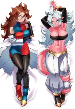 1girl absurdres android_21 armpits arms_up blue_eyes bracelet breasts brown_hair cleavage colored_skin dakimakura_(medium) detached_sleeves dragon_ball dragon_ball_fighterz earrings female_focus full_body glasses hakuramen harem_pants high_heels highres hoop_earrings jewelry lab_coat large_breasts long_hair looking_at_viewer lying majin_android_21 navel on_back pants pink_skin pointy_ears strapless tail tail_around_own_leg tube_top white_hair