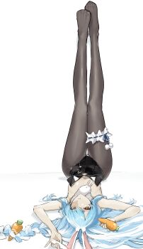 1girl absurdres animal_ears black_leotard black_pantyhose blue_hair carrot commentary_request garter_belt highres hololive ka8takadesu legs_up leotard long_hair looking_at_viewer lying multicolored_hair no_shoes on_back pantyhose playboy_bunny pom_pom_(clothes) rabbit_ears rabbit_girl solo strapless strapless_leotard thigh_gap two-tone_hair usada_pekora virtual_youtuber white_hair