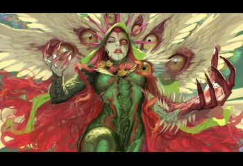 Rule 34 | 1girl, absolute batman, absolute dc, arm spikes, batman (series), bird legs, carnivorous plant, claws, colored skin, comic cover, commentary, crown of thorns, dc comics, eldritch abomination, english commentary, florakinesis, flower, green leotard, green pantyhose, green skin, highres, leaf clothing, leaf leotard, leotard, makeup, mandibles, monster girl, pantyhose, plant, plant clothing, plant girl, poison ivy, poison ivy (absolute dc), red eyes, red flower, red hair, red rose, rose, runny makeup, stjepan sejic, talons, venus flytrap, vines