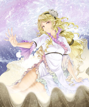 1girl arkatopia black_hairband blonde_hair breasts clam_shell commentary_request dress frilled_sleeves frills hair_ornament hairband highres long_hair long_sleeves looking_at_viewer rainbow_gradient shell shell_hair_ornament side_slit sitting small_breasts smile solo touhou very_long_hair watari_nina white_dress yellow_eyes