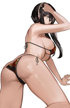 1girl all_fours ass bent_over bikini black_hair breasts butt_crack covered_erect_nipples crotch_seam highres j@ck large_breasts leaning_forward looking_at_viewer looking_back red_eyes sideboob solo spy_x_family swimsuit thighs turning_head underboob yor_briar