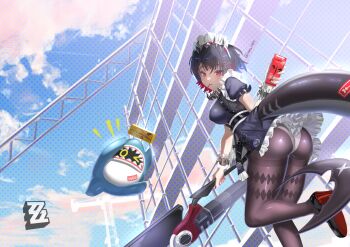 &gt;_o 1girl 1other absurdres apron black_dress black_hair black_pantyhose box breasts choru0425 colored_inner_hair dress ellen_joe fins fish_tail food food_in_mouth foot_out_of_frame frilled_apron frills high_heels highres holding holding_box holding_scissors holding_weapon large_breasts looking_at_viewer looking_back maid maid_apron maid_headdress multicolored_hair one_eye_closed pantyhose pink_hair pocky pocky_in_mouth puffy_short_sleeves puffy_sleeves red_eyes red_nails scissors shark_girl shark_tail sharkboo_(zenless_zone_zero) short_sleeves tail weapon white_apron zenless_zone_zero