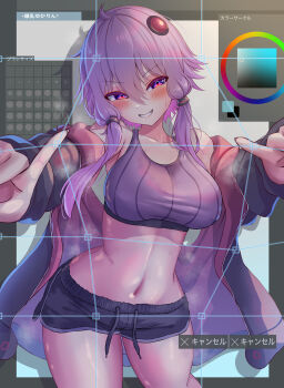 1girl absurdres blush breasts commentary_request fourth_wall hatyomugi00 highres jacket large_breasts long_hair navel open_clothes open_jacket pink_eyes purple_hair shorts sidelocks smile solo tagme vocaloid voiceroid yuzuki_yukari