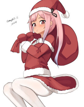 Rule 34 | 1girl, absurdres, capelet, commentary request, dress, feet out of frame, fur-trimmed capelet, fur-trimmed headwear, fur-trimmed shirt, fur trim, harusame (kancolle), hat, highres, invisible chair, kantai collection, long hair, maru (marg0613), mittens, pantyhose, pink hair, red capelet, red dress, red eyes, red mittens, red shirt, sack, santa hat, shirt, side ponytail, simple background, sitting, solo, white background, white pantyhose