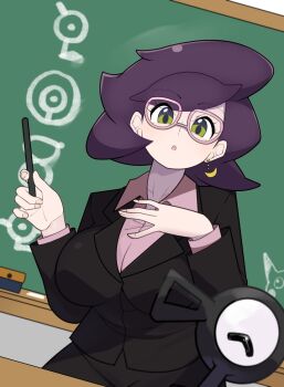 alternate_costume breasts gen_1_pokemon gen_2_pokemon glasses highres large_breasts mituyota_76 nintendo pikachu pokemon pokemon_(creature) pokemon_sm teacher unown wicke_(pokemon)