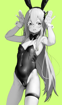 1girl absurdres aged_down animal_ears armpits arms_up blush breasts cameltoe covered_navel echidna_(re:zero) fake_animal_ears female_focus gloves green_background highres legs leotard loli long_hair mr1thonk playboy_bunny rabbit_ears rabbit_pose re:zero_kara_hajimeru_isekai_seikatsu small_breasts solo standing sweat thighs