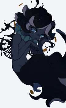 1other androgynous black_hair black_skin blue_eyes colored_mouth colored_skin cookie_run cookie_run:_kingdom crying crying_with_eyes_open downturned_eyes floating_tears highres humanization looking_at_viewer monster_girl open_mouth other_focus parted_bangs scylla simple_background solo squid_ink_cookie tears tentacle_clothes tentacle_legs tentacles urolo