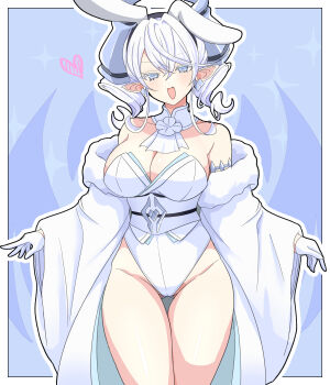 1girl absurdres animal_ears bare_shoulders blush breasts commentary_request daiichi_(k_daiiti) detached_collar dragon_horns duel_monster fake_animal_ears highleg highleg_leotard highres horns large_breasts leotard long_hair looking_at_viewer lovely_labrynth_of_the_silver_castle open_mouth playboy_bunny pointy_ears rabbit_ears smile solo strapless strapless_leotard white_leotard white_wrist_cuffs wide_sleeves wrist_cuffs yu-gi-oh!