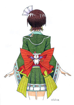 1girl artist_name back_bow bow brown_hair cowboy_shot earrings facing_away final_fantasy final_fantasy_vii final_fantasy_vii_rebirth final_fantasy_vii_remake from_behind green_kimono hair_ribbon highres japanese_clothes jewelry kimono moogle official_alternate_costume okha outstretched_arms ribbon short_hair short_kimono solo traditional_media white_background white_ribbon wide_sleeves yuffie_kisaragi yuffie_kisaragi_(wutai_pop_star)