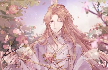 1boy above-cleavage_cutout bracelet braid chinese_clothes chinese_commentary closed_mouth clothing_cutout coat earrings falling_petals flower flower_ornament hair_flower hair_ornament hanfu hibiscus highres holding holding_wand jewelry li_ri_zhi_ze long_hair long_sleeves looking_at_viewer male_focus mole mole_under_eye parted_bangs petals pink_coat pink_flower pink_hair pink_hanfu pink_theme purple_eyes robe see-through_clothes see-through_shawl shawl side_braid smile snow_starch_(the_tale_of_food) solo straight-on sweater_guard tassel tassel_earrings the_tale_of_food tree upper_body wand white_hanfu white_robe white_shawl wide_ponytail wide_sleeves xiao_guan_(headdress)