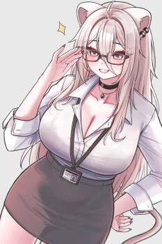 1girl absurdres ahoge alternate_costume black-framed_eyewear black_choker black_nails black_skirt blush breasts choker cleavage closed_mouth collared_shirt commentary_request fang glasses grey_eyes grey_hair highres hololive id_card large_breasts long_hair looking_at_viewer nail_polish ruo1001 shirt shishiro_botan skirt smile solo very_long_hair virtual_youtuber white_shirt