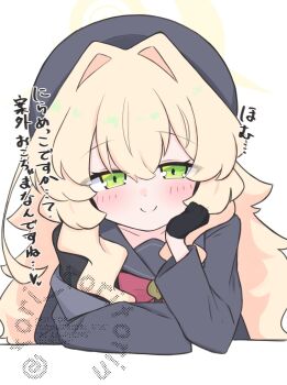 1girl beret black_gloves black_shirt blonde_hair blue_archive blush bow closed_mouth commentary_request gloves green_eyes grey_hat grey_jacket grey_sailor_collar hair_between_eyes hair_intakes half_gloves halo hat highres jacket kujou_karasuma long_hair looking_at_viewer off_shoulder open_clothes open_jacket professor_niyaniya_(blue_archive) red_bow sailor_collar shirt simple_background smile solo translation_request upper_body very_long_hair watermark white_background