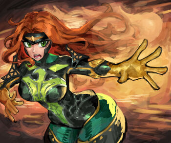 1girl bodysuit breasts fire gloves green_bodysuit green_eyes highres jean_grey large_breasts long_hair looking_at_viewer marvel marvel_rivals medium_breasts phoenix_(x-men) red_hair saiykik solo superhero_costume x-men yellow_gloves