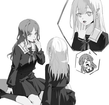 2girls absurdres after_kiss bang_dream! bang_dream!_it's_mygo!!!!! blood chinese_commentary commentary_request greyscale hair_ornament hairclip highres injury kneehighs long_hair long_sleeves monochrome multiple_girls nagasaki_soyo neckerchief pleated_skirt school_uniform shirt sidelocks sitting skirt socks spot_color tongue tongue_out tsukinomori_school_uniform wakaba_mutsumi wariza was775 yuri