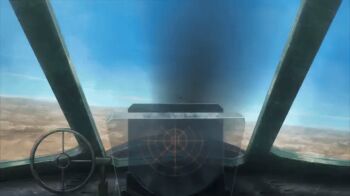 1boy animated animated_gif anime_screenshot battle cockpit desert flying ki-43_hayabusa ki-44_shouki kouya_no_kotobuki_hikoutai leona_(kouya_no_kotobuki_hikoutai) mountain pilot piloting plane pov pov_focus solo tagme