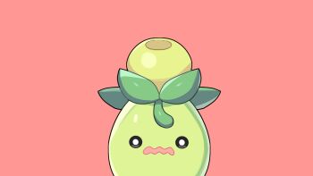 animal_focus black_eyes bright_pupils drunkoak highres looking_at_viewer nintendo no_humans open_mouth pokemon pokemon_(creature) red_background simple_background smoliv solo standing straight-on upper_body wavy_mouth white_pupils