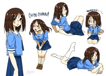 Rule 34 | 1girl, arms at sides, artist name, azumanga daioh's school uniform, azumanga daiou, blue ribbon, blue serafuku, blue shirt, blue skirt, blue trim, blush, breasts, brown eyes, brown footwear, brown hair, chewing, closed eyes, closed mouth, collared shirt, commentary, cowboy shot, dress shirt, eating, english commentary, foot up, from side, furrowed brow, grin, hair between eyes, hands on own thighs, highres, kasuga ayumu, kneeling, knees up, kyuunn, leaning forward, loafers, looking at viewer, looking back, looking to the side, lounging, lying, medium hair, multiple views, neck ribbon, no shoes, nose blush, on stomach, open mouth, own hands together, parted bangs, parted lips, pleated skirt, puffy cheeks, ribbon, romaji text, sailor collar, sata andagi, school uniform, serafuku, shirt, shoes, short sleeves, shouting, signature, simple background, sketch, skirt, small breasts, smile, socks, solo focus, standing, summer uniform, v arms, white background, white sailor collar, white socks, white trim