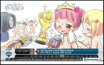 2girls black_hair blonde_hair blue_hair blush brown_hair cbs crown feet flat_chest hair_bobbles hair_ornament hairclip holding jumping kurotsuki_(luowei99) loli md5_mismatch microphone multiple_boys multiple_girls national_football_league navel nbc nipples nude one_eye_closed open_mouth original pink_eyes pink_hair resolution_mismatch short_hair short_twintails shota smile source_larger sparkle sweat towel towel_around_neck trophy twintails video_camera walking wink